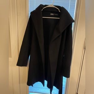 Zara black hooded coat with tie waste and pockets